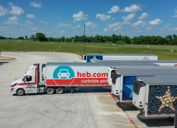 HEB trucks at a distribution center in Temple, TX