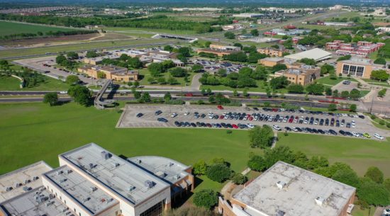 Drone view of International businesses in Texas