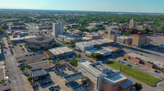 Aerial view of buildings and roads in Temple, Texas.