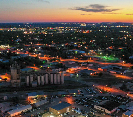 An aerial view of Temple, TX at night
