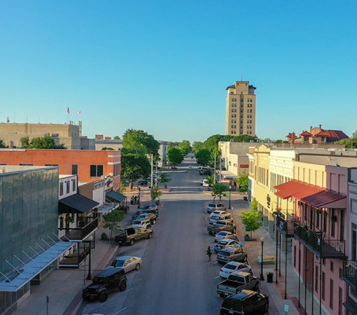An aerial street view of downtown Temple, TX