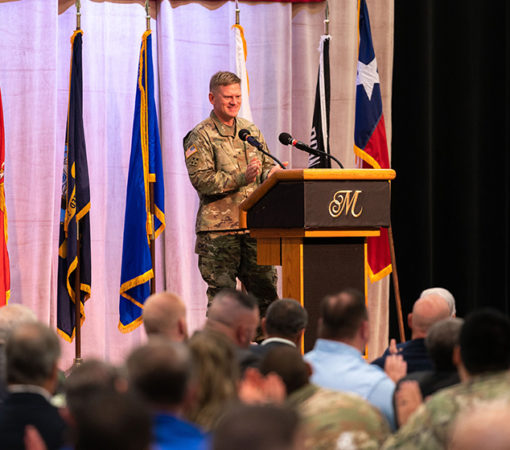 A veteran speaks at the Chamber Military Luncheon in Temple, TX