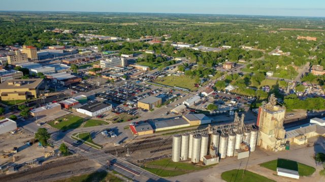 Aerial view of train tracks and industrial area in Temple, TX