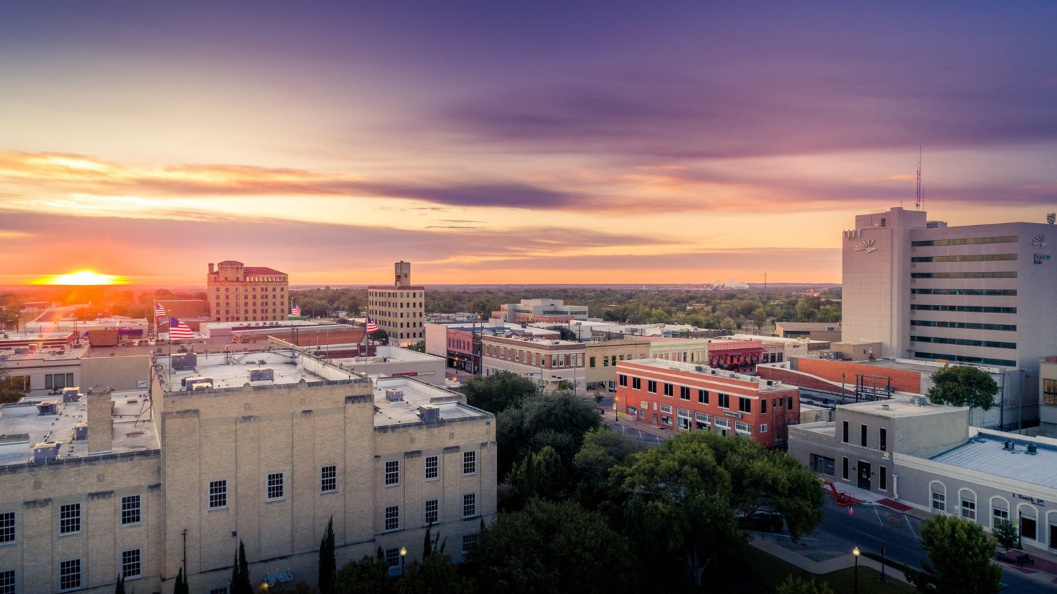 An aerial shot of Temple, Texas at sunset